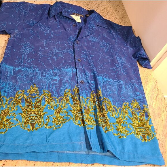 New! Vintage No Boundaries Men's M Aloha Tiki Face Hawaiian Button Shirt Blue - Picture 7 of 13
